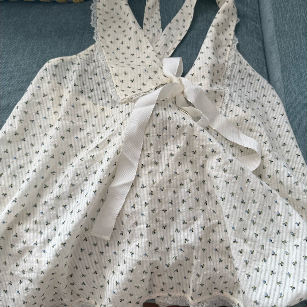 Anthropologie Cream and green / blue small flowers Halter Top. New with tags